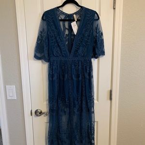 Floral Lace Detail Romper, dark teal blue color, M